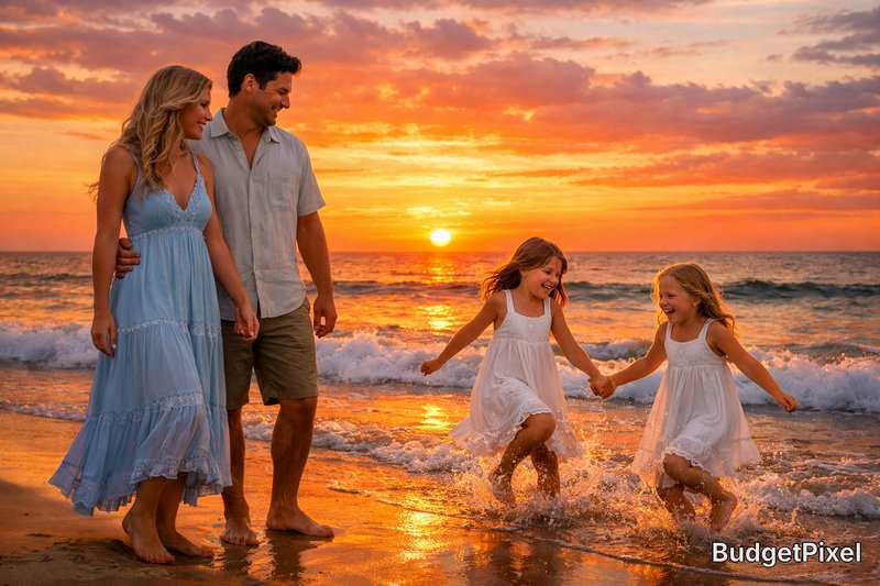 Family of four walks along sunset-lit beach, holding hands and splashing in gentle waves.