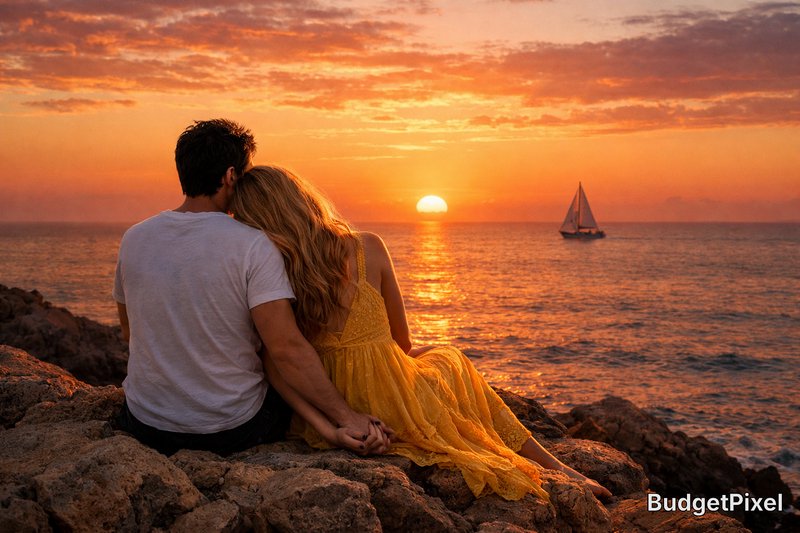 Couple sitting on rocky shoreline at sunset, holding hands and watching the sailboat on the calm sea.