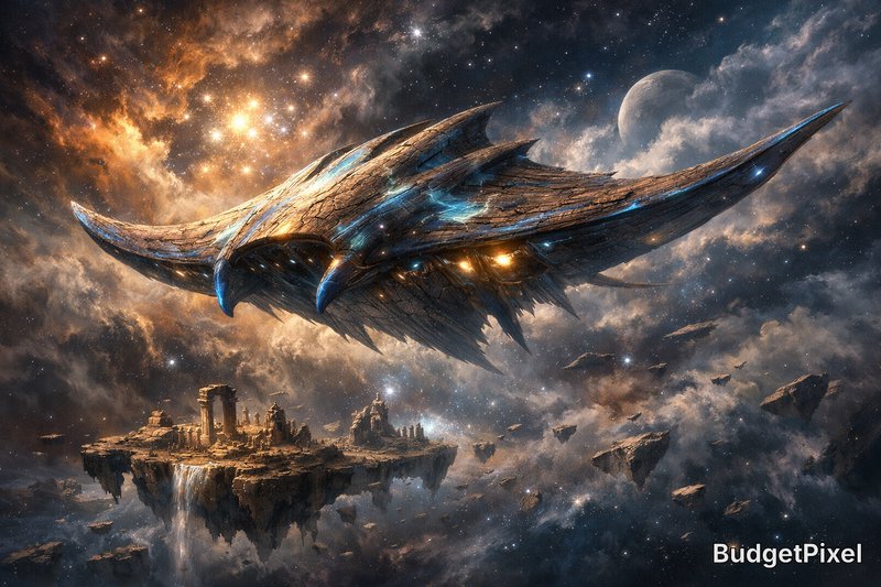 A colossal alien starship hovers above jagged floating platforms in a cosmic battlefield.