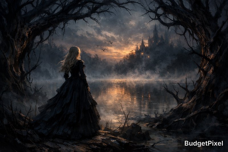 Dark fantasy scene of a woman in a flowing black dress by a misty lake, with a distant castle at sunset.