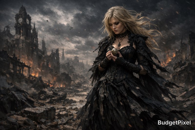 Gothic woman in tattered black dress and armor stands among burning ruins, clutching a pendant amid a smoky