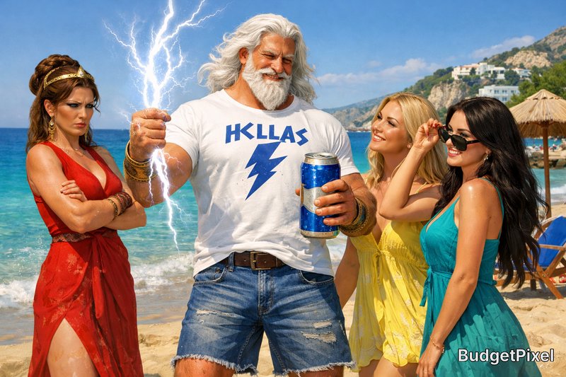 Bearded man in a white T-shirt with a lightning logo on a sunny beach, surrounded by four women in colorful dresses.