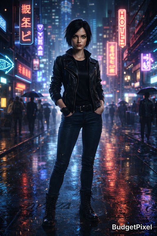 Stylish woman in a black leather jacket stands in a neon-lit, rainy city street at night.