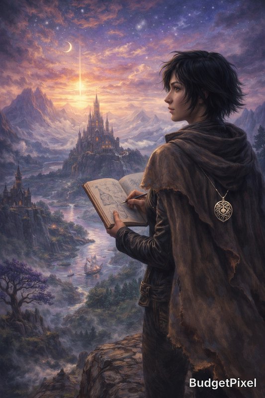 Young adventurer in a cloak gazes over a fantasy landscape with a distant castle at sunset.