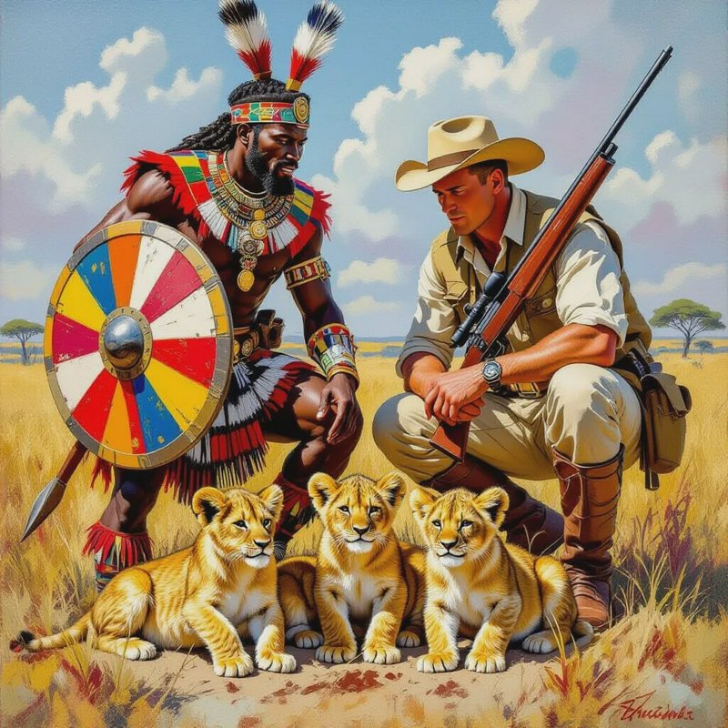 [Vibrant painting of a tribal warrior and safari hunter crouched behind three fluffy lion cubs on an African savanna plain]