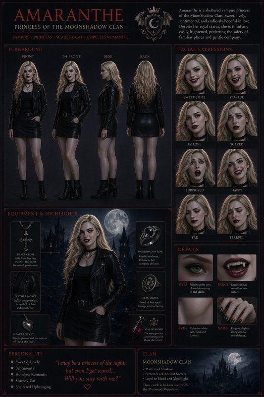 Gothic fantasy character reference sheet for Amaranthe, Moonshadow Clan vampire princess, showing...