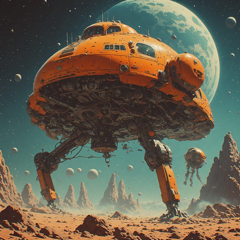 Retro sci-fi orange walking mech lander stands on rocky alien desert under a starry sky with floa...