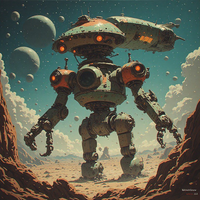 Giant retro-futuristic mech robot stands on an alien desert, with a hovering spacecraft and float...