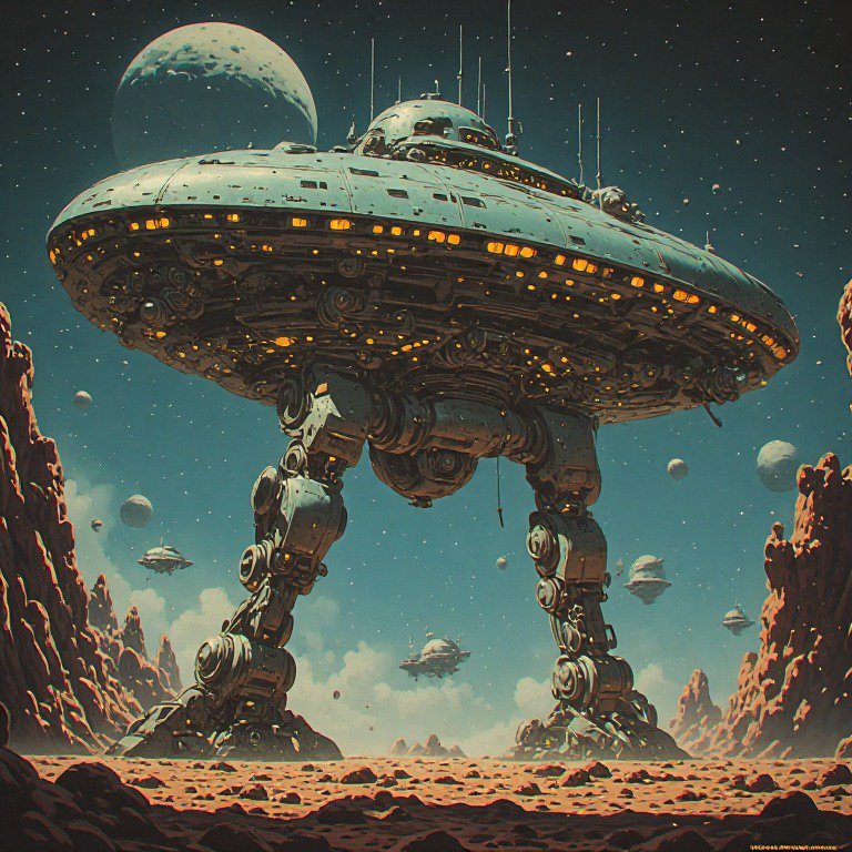 Giant retro-futuristic walking flying saucer robot stands on a rocky alien desert under a starry ...