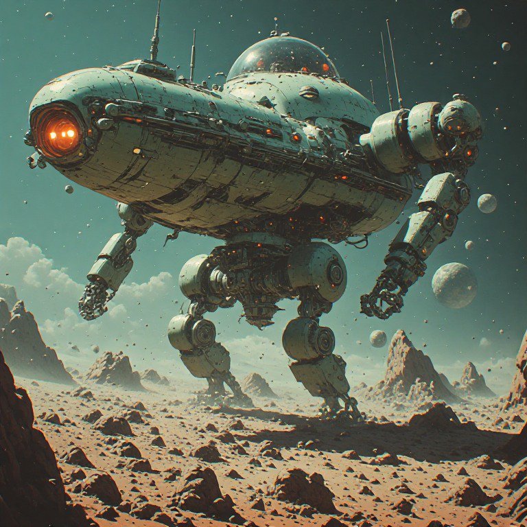 Massive weathered retro-futuristic mech robot stands on rocky alien desert under starry sky with ...