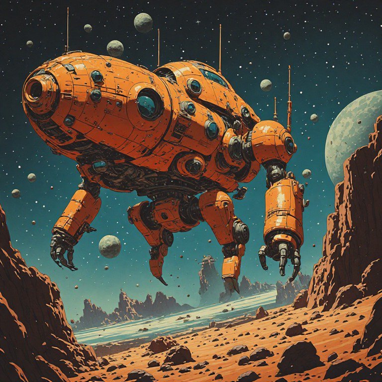 Orange bulky mech-style spacecraft hovers over a rocky rust-colored alien desert under a starry s...