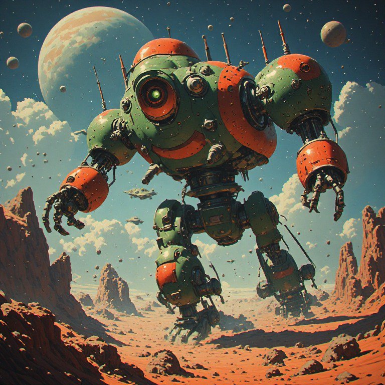 Bulky retro green and orange mech robot hovers above a red alien desert under a sky with a large ...