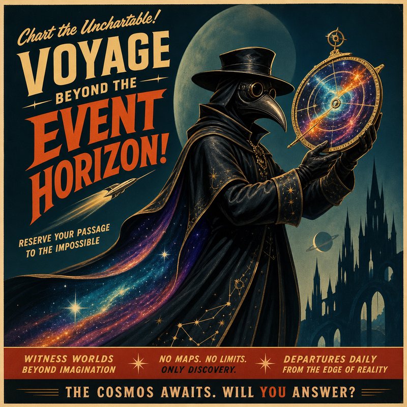 Retro futurism travel poster showing a plague doctor holding a cosmic astrolabe, advertising voya...