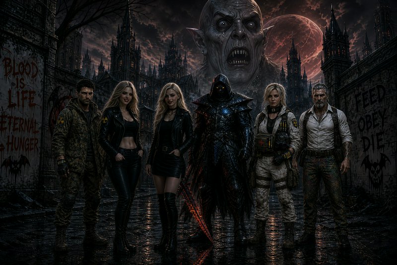 Dark fantasy character squad stands in cursed gothic city, giant menacing vampire looms under glo...