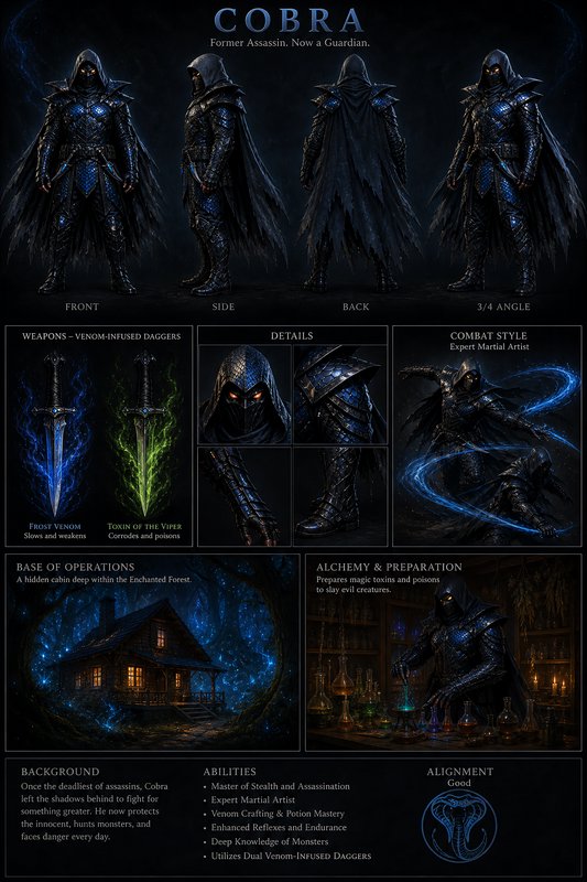 Dark fantasy character reference sheet for hooded armored OC Cobra, a former assassin turned guar...