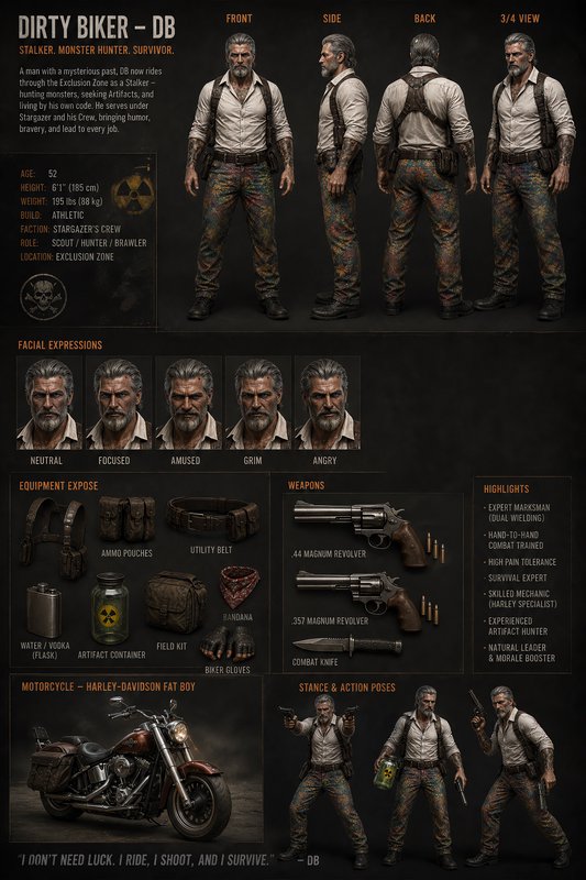 Character reference sheet for post-apocalyptic biker stalker DB showing turnarounds, gear, expres...