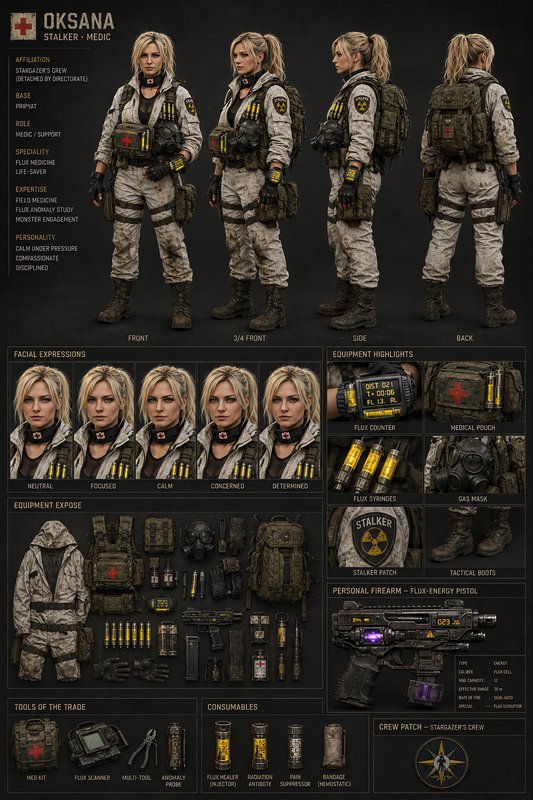 Oksana, post-apocalyptic Stalker medic character reference sheet, showing turnaround views, facia...