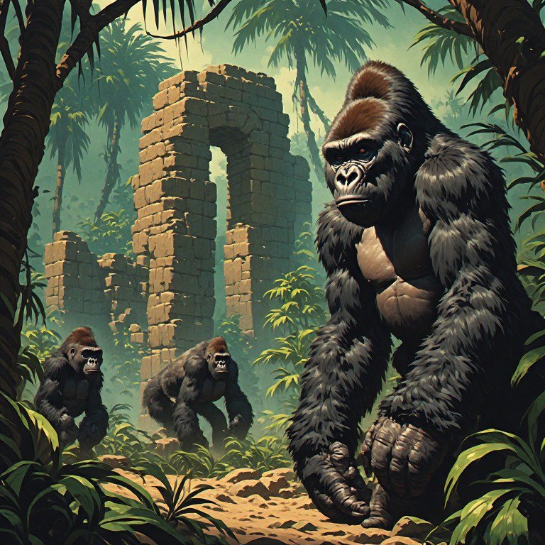 Troop of giant silverback gorillas stand near ancient stone ruins in a misty lush tropical jungle...
