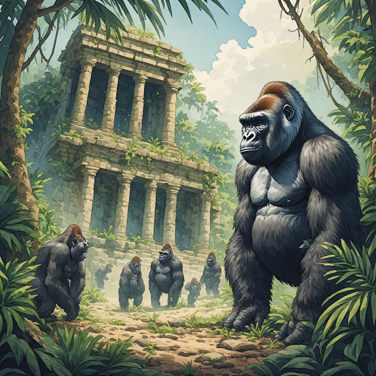 Fantasy illustration of a silverback gorilla troop gathered before an overgrown ancient stone tem...