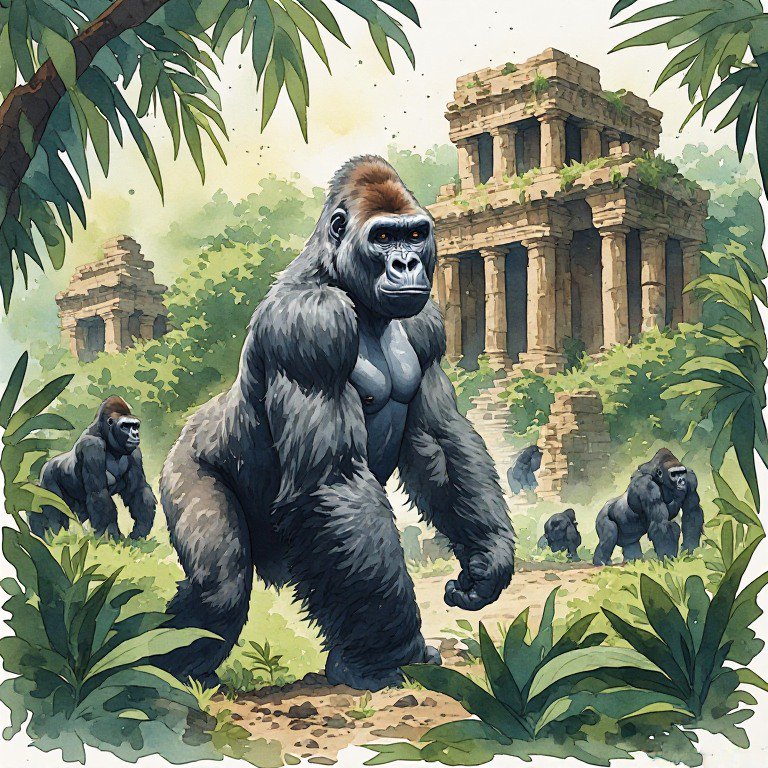 [Watercolor illustration of a large silverback gorilla standing in a jungle with ancient stone temple ruins and a gorilla ...