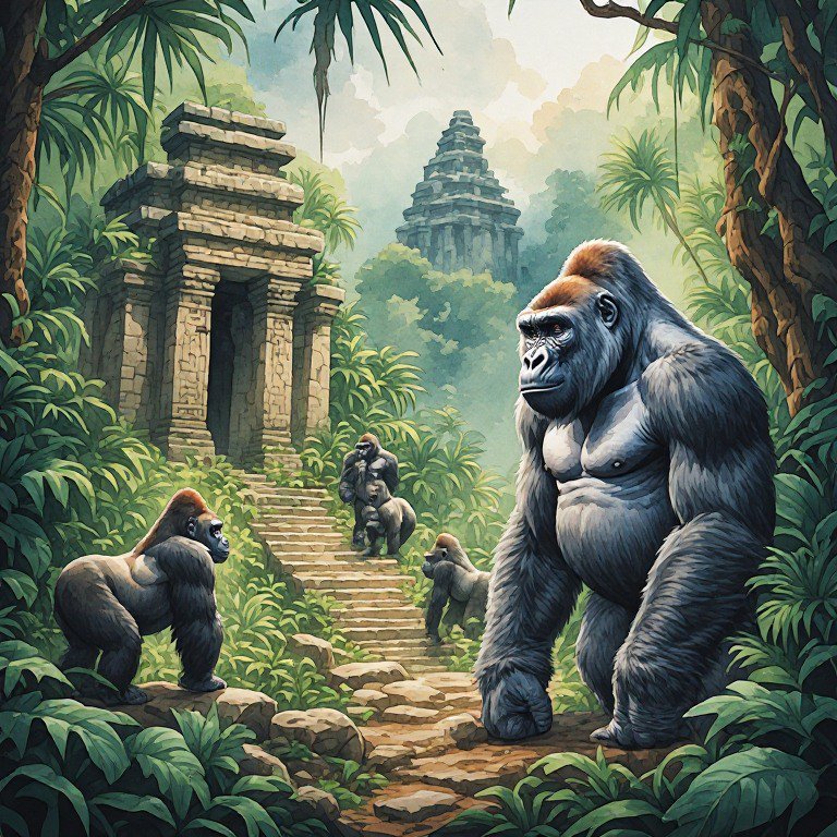 Watercolor illustration of a silverback gorilla troop on a stone path beside ancient temple ruins...