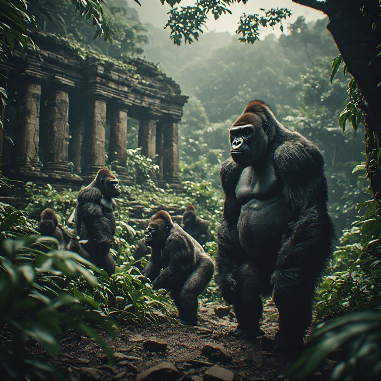 Troop of silverback gorillas stand on a jungle path next to mossy ancient stone temple ruins in a...