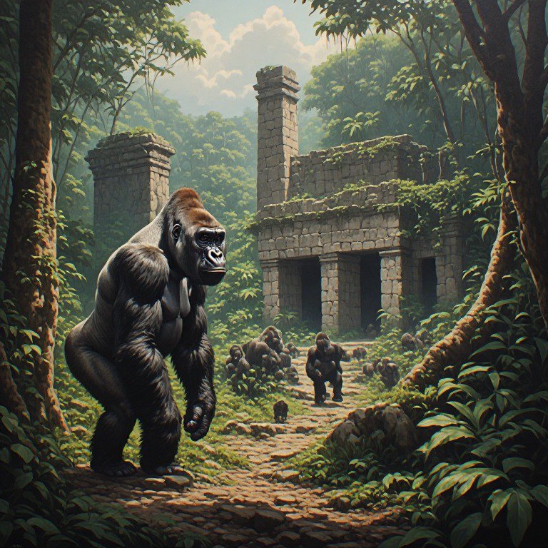 Large silverback gorilla stands on a stone rainforest path, with a gorilla troop and overgrown an...
