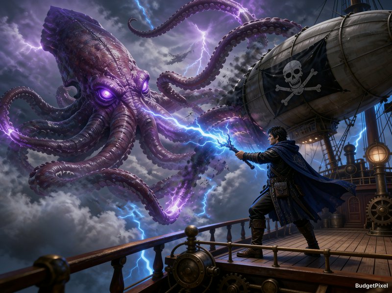 Wizard wields a lightning staff against a glowing purple giant kraken from the deck of a steampun...
