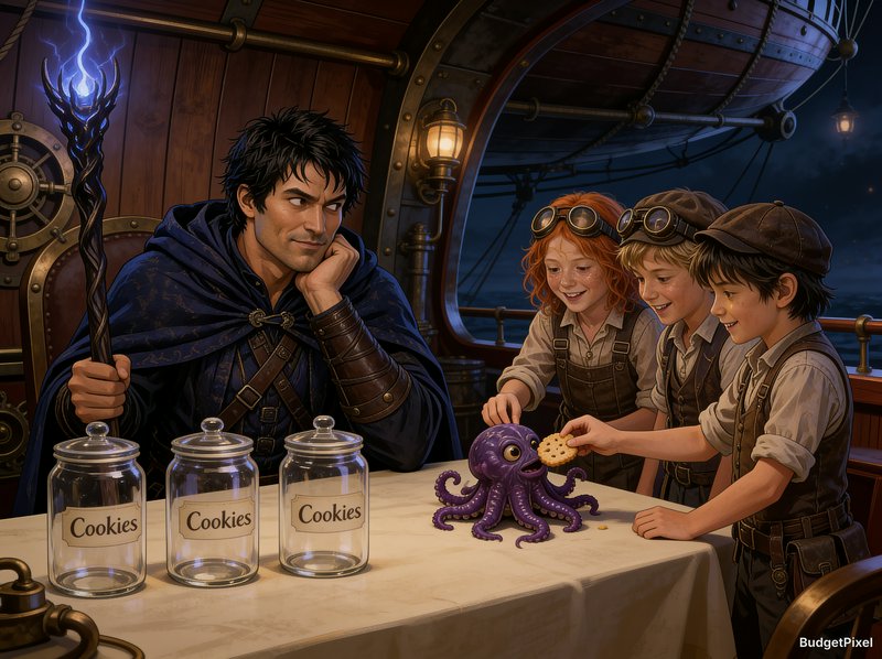 Wizard with glowing magic staff watches steampunk children feed a tiny purple octopus, empty cook...