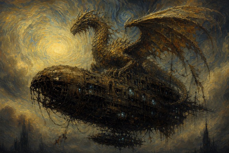 Ancient gilded dragon perched on a crumbling gothic steampunk airship against a swirling Starry N...