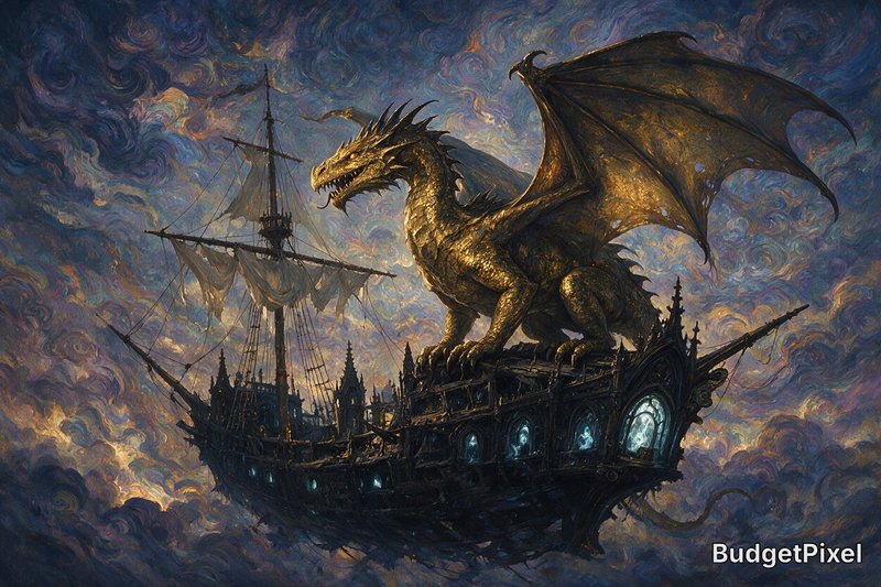 Golden scaled dragon perched on an ornate gothic flying galleon sailing through swirling purple a...