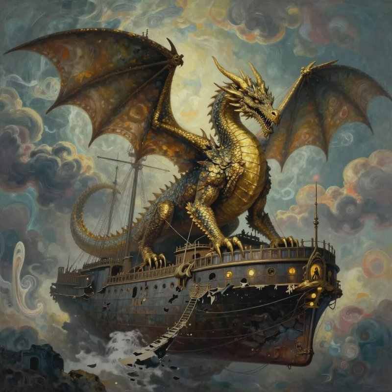 Massive gilded golden fantasy dragon perched atop a weathered steampunk airship drifting through ...