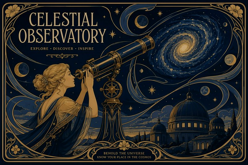 Art Nouveau Celestial Observatory illustration of a woman looking through a vintage telescope at ...
