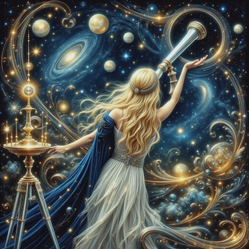 Ethereal blonde celestial astronomer uses an ornate telescope to view swirling starry skies, plan...