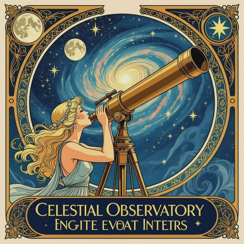 Art Nouveau illustration of a woman stargazing through a brass telescope, ornate framed celestial...