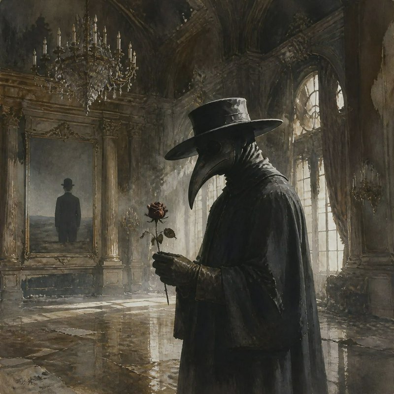 Plague doctor in iconic beak mask holds a wilted rose inside a decaying grand abandoned baroque b...