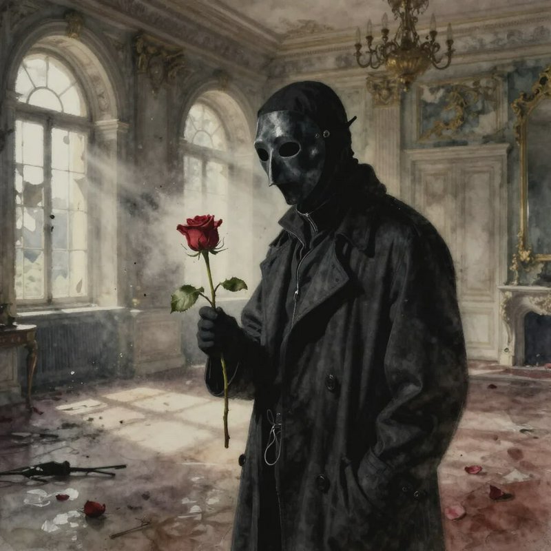 Beaked masked figure in a black trench coat holds a red rose, standing in a crumbling ornate aban...
