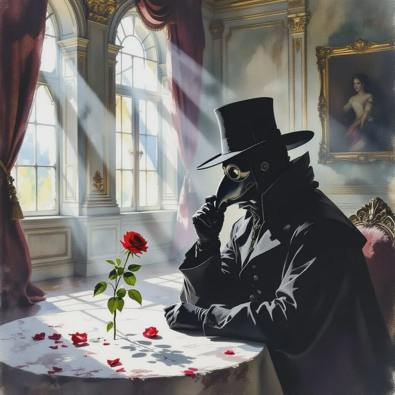 Pensive plague doctor in a top hat sits at a table with a red rose in a sunlit ornate baroque man...
