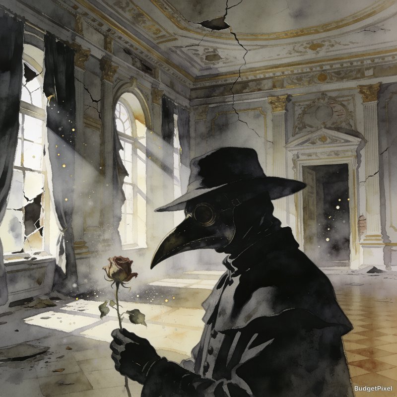 Watercolor illustration of a plague doctor holding a wilted rose in a crumbling abandoned baroque...