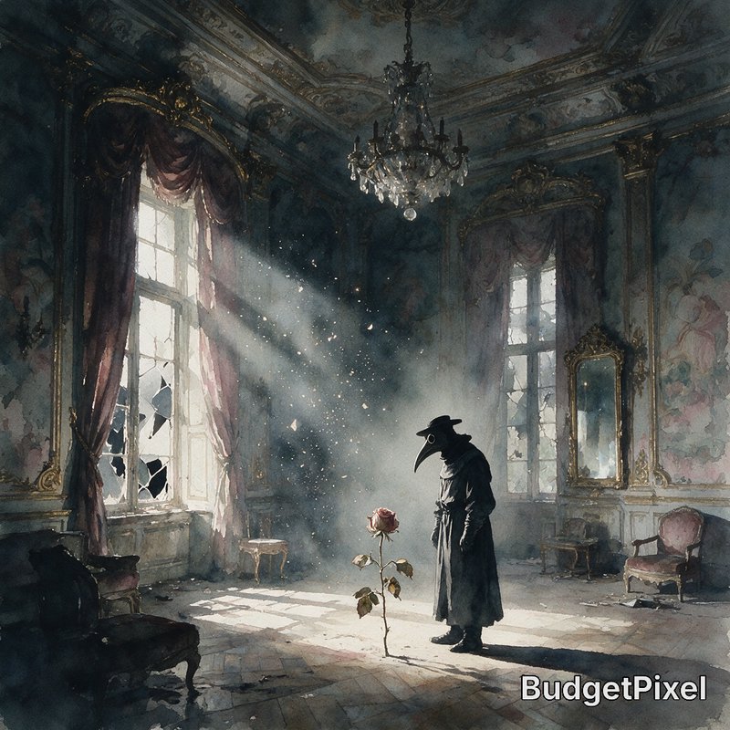 Plague doctor figure stands gazing at a lone wilted rose in a crumbling ornate abandoned rococo s...