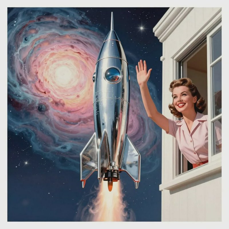 Retro 1950s housewife waves from a suburban window at a chrome atomic rocket launching past a swi...