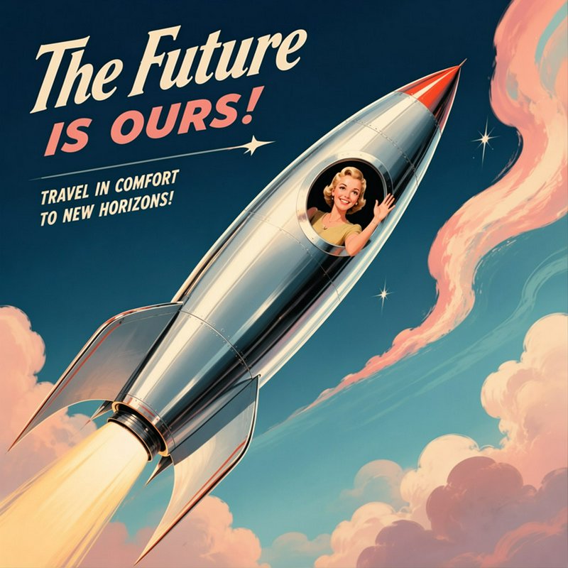 Retro-futurism poster: shiny chrome rocket launches, smiling 1950s woman waves from porthole, "Th...