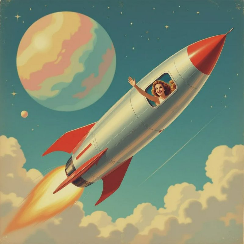 Retro sci-fi illustration: smiling woman waves from a chrome red-tipped rocket soaring above clou...