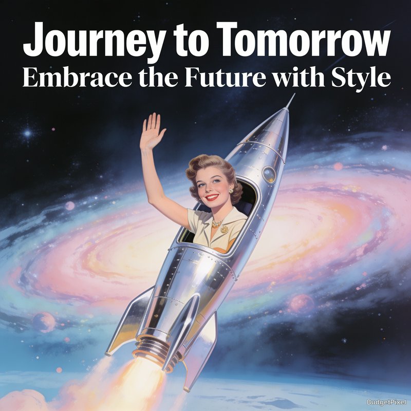 Retro-futurism illustration of 1950s woman waving from silver rocket, pastel galaxy backdrop, "Jo...