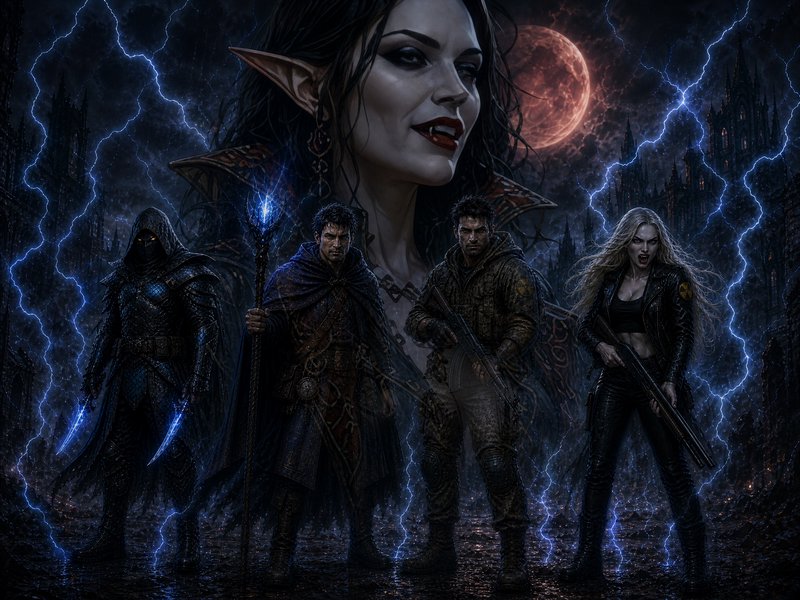 Dark fantasy illustration: Menacing elven vampire queen looms over armed supernatural team under ...