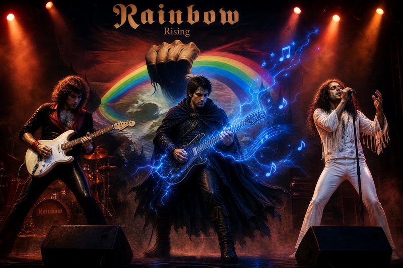 Fantasy concert art of Rainbow Rising rock band performing on stage, central lead guitarist wield...