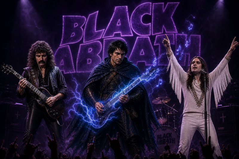 Fantasy stylized Black Sabbath band performing live on stage with magical glowing guitars and pur...