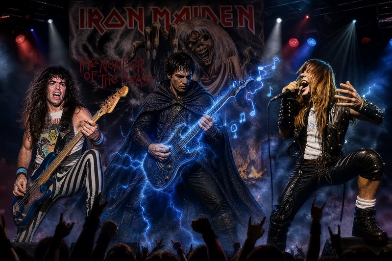 Heavy metal band performing live on stage, glowing electric guitar, Iron Maiden Number of the Bea...