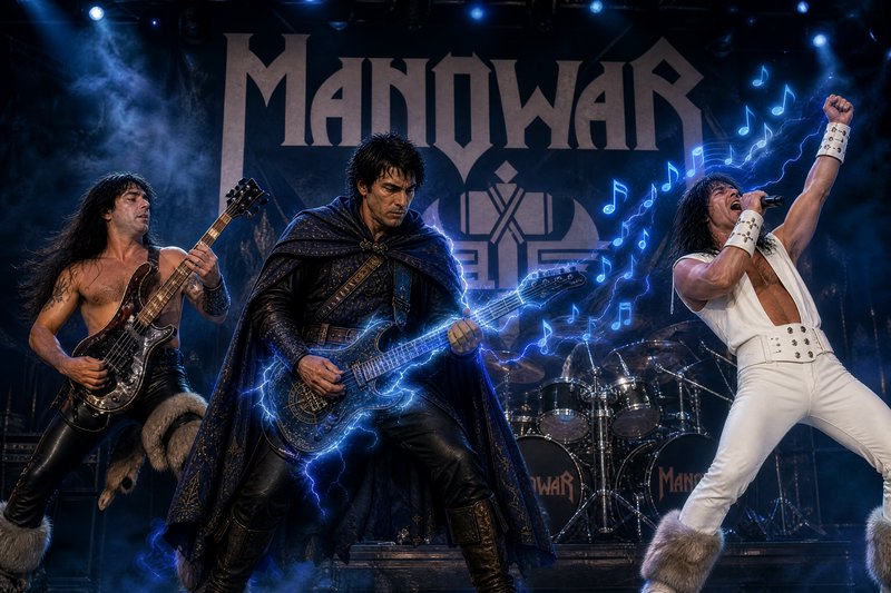 Power metal band Manowar performs live on stage, with glowing blue lightning effects surrounding ...