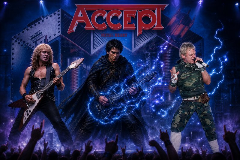 Accept heavy metal band Metal Heart concert artwork, featuring glowing lightning guitar and perfo...